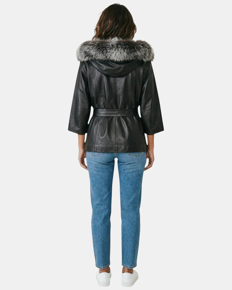 Symrna Women's Black Genuine Leather Jacket with Fur-Trimmed Hood – Full Length Back View – Hilda Leather Antalya Turkey