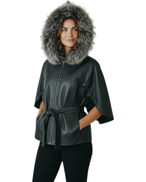 Hilda Leather black leather jacket with faux fur trimmed hood and tie waist, three-quarter sleeves.