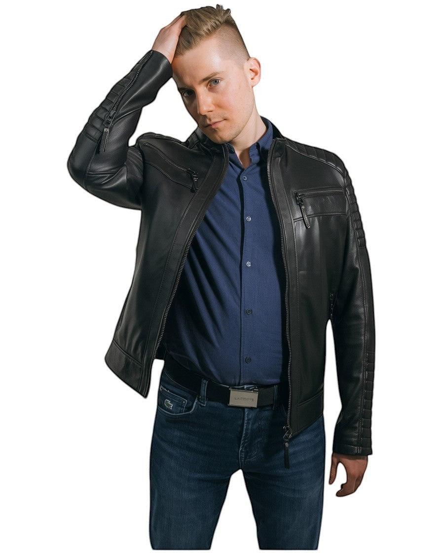 Black Genuine Leather Plus Size Men's Jacket With Quilted Details On Sholder and Sleewes Brad.