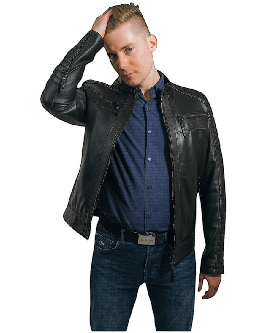 Black Genuine Leather Plus Size Men's Jacket With Quilted Details On Sholder and Sleewes Brad.