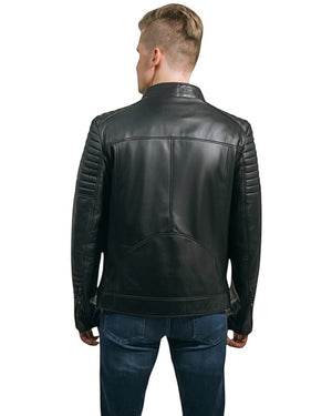 Black Genuine Leather Plus Size Men's Jacket With Quilted Details On Sholder and Sleewes Brad.