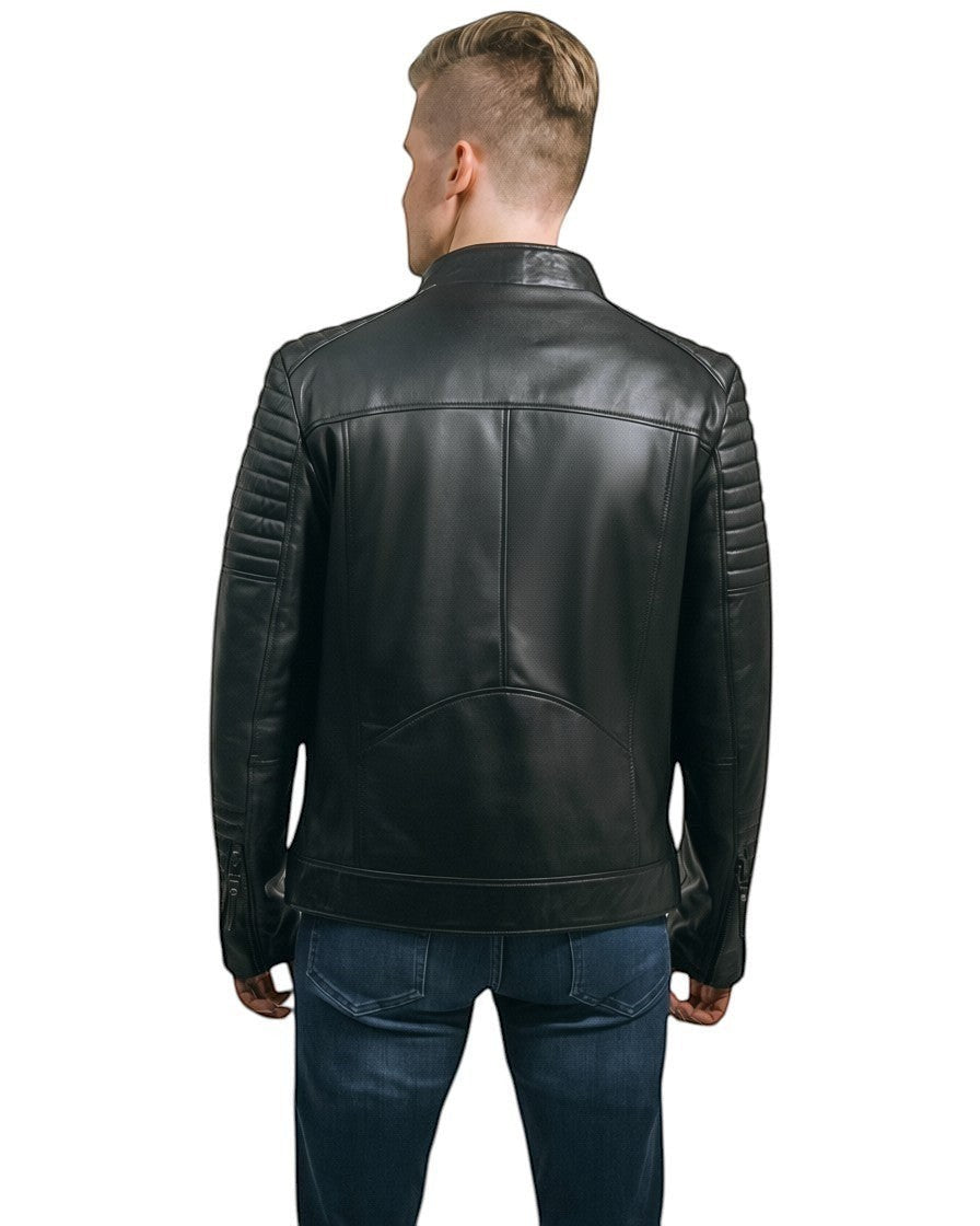 Black Genuine Leather Plus Size Men's Jacket With Quilted Details On Sholder and Sleewes Brad.