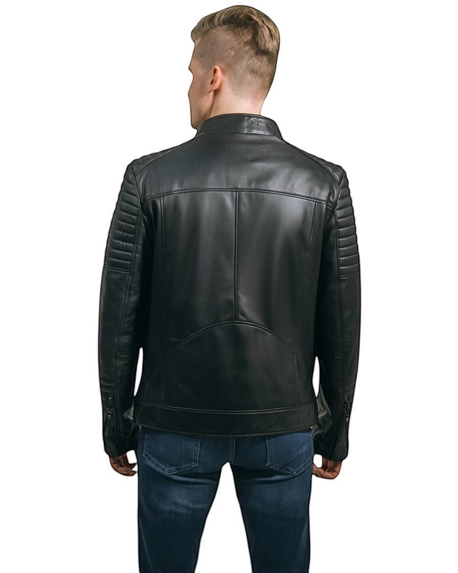 Black Genuine Leather Plus Size Men's Jacket With Quilted Details On Sholder and Sleewes Brad.