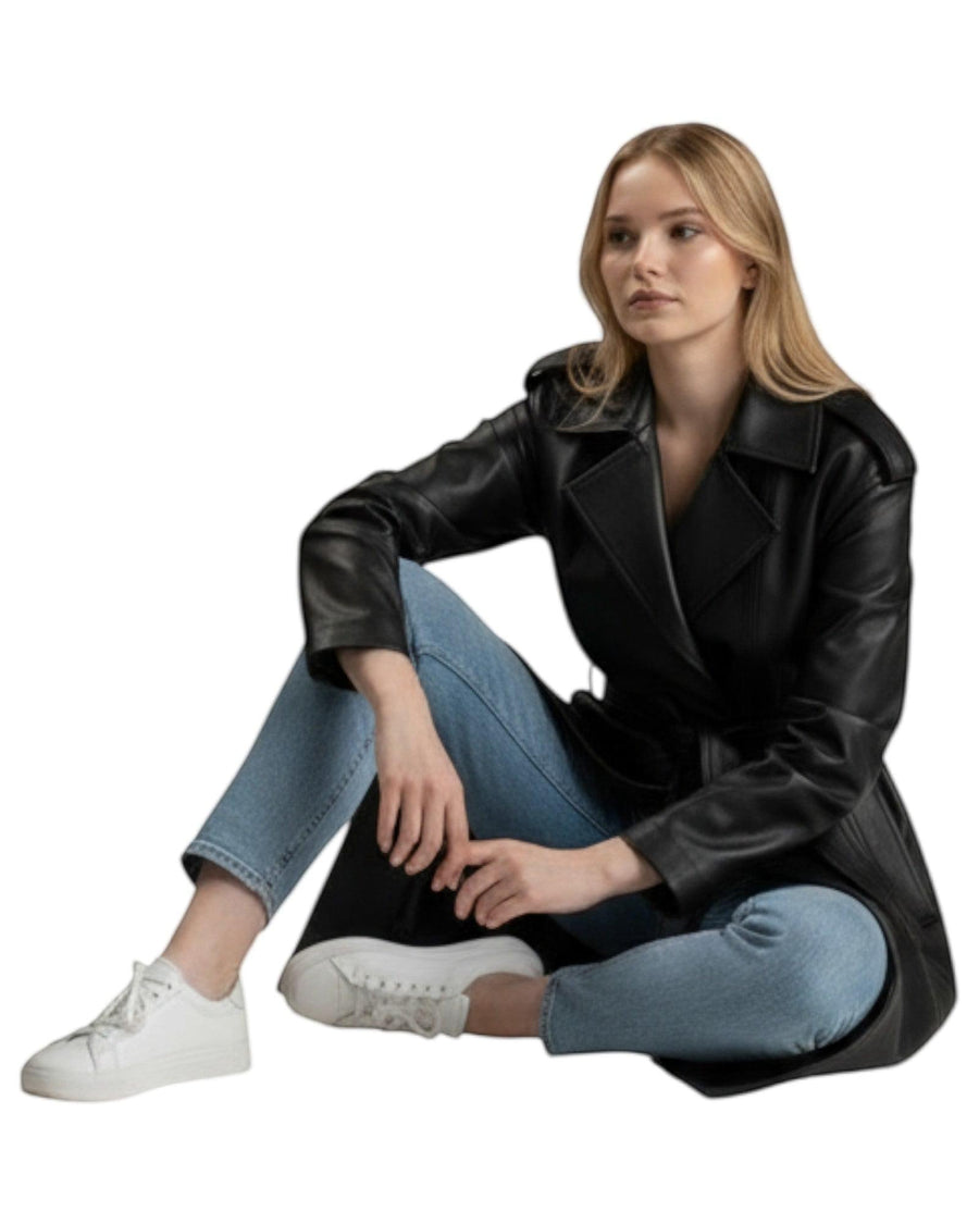 Hilda Leather Roxanne trench coat — lifestyle shot, women's black leather trench coat sitting on the floor