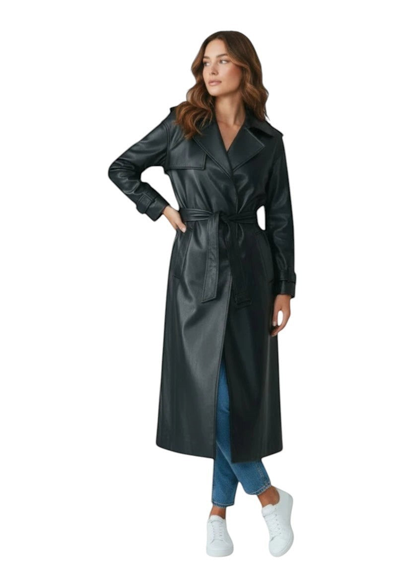 Hilda Leather women's black genuine leather long trench coat with tie waist and classic collar.