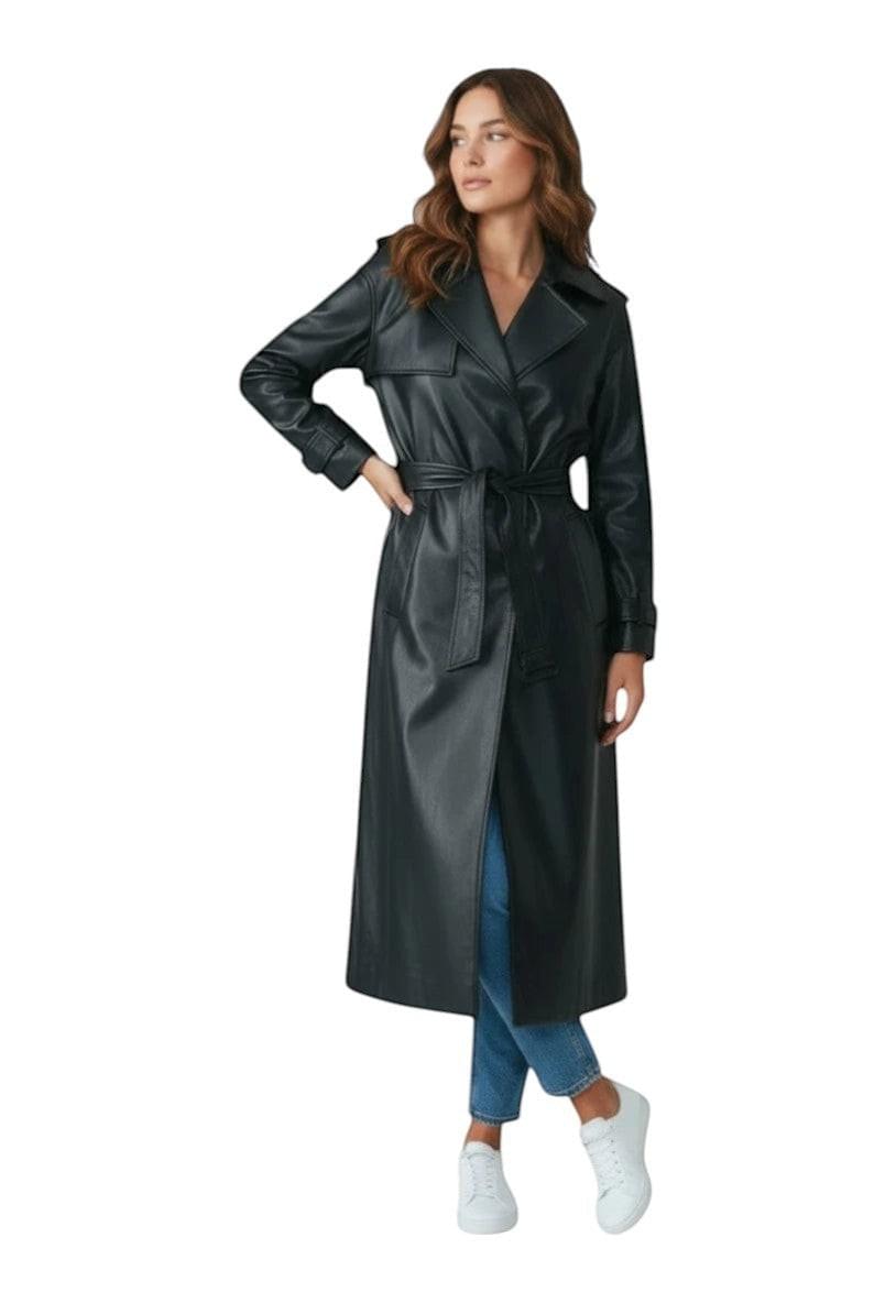 Hilda Leather Roxanne women's black genuine leather oversized trench coat, front view on another model