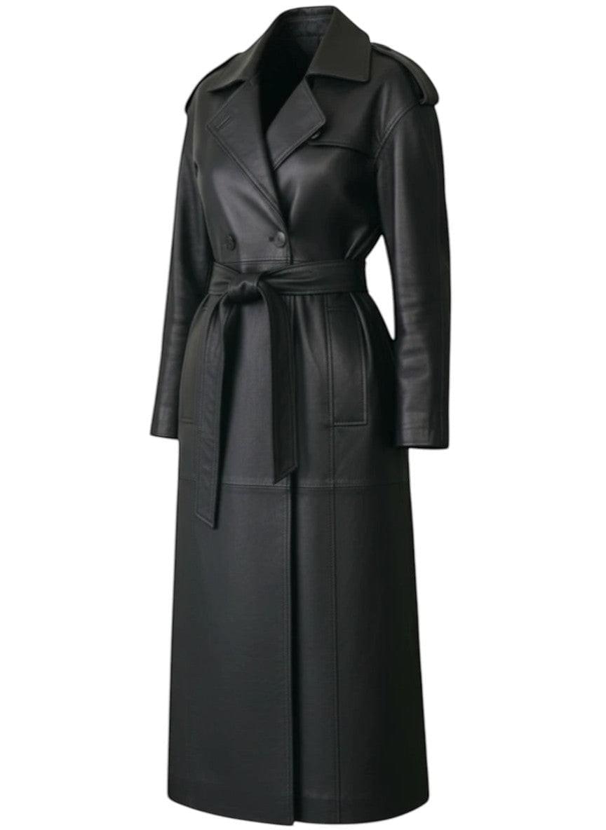 Hilda Leather Roxanne trench coat — full product closed tied belt shot on white background 