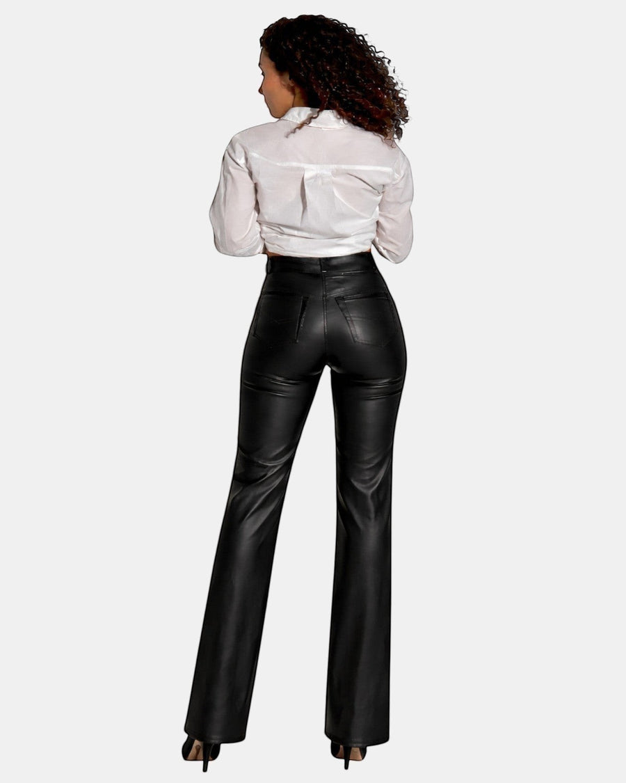 Hilda Leather women's black genuine leather pants with a straight-leg cut and jean-style detailing.