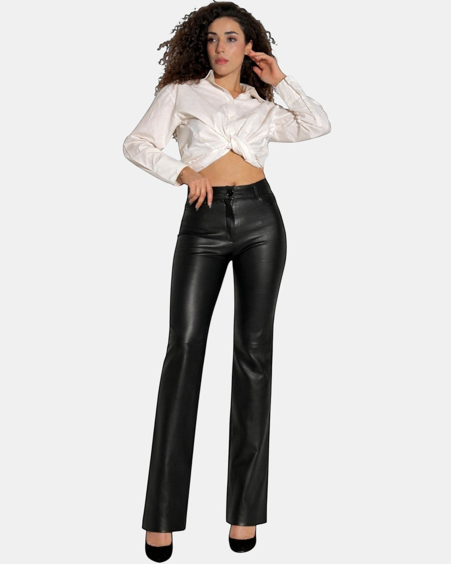 Hilda Leather Women's black genuine leather pants with a straight-leg cut and jean-style silhouette.