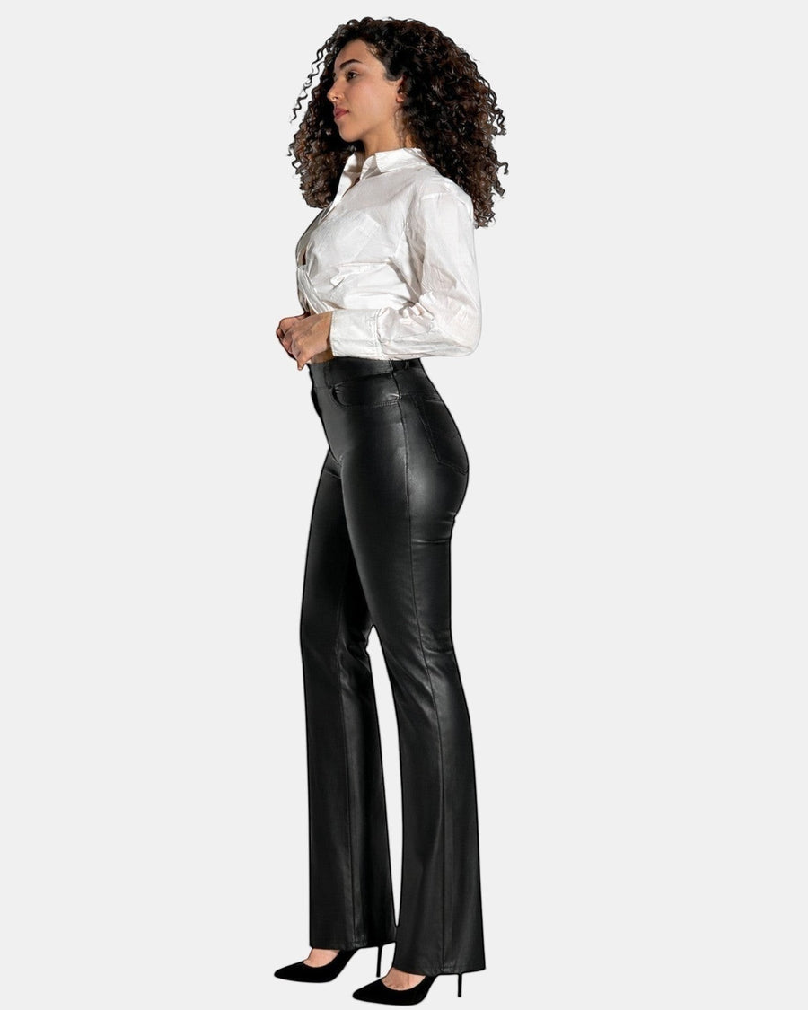 Hilda Leather women's black genuine leather pants with a straight-leg cut and jean-style silhouette.