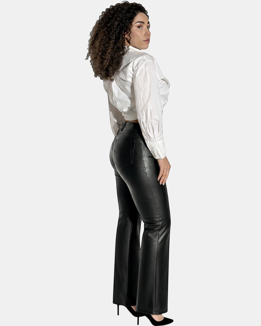 Hilda Leather women's black genuine leather pants with a straight-leg cut and jean-style silhouette.