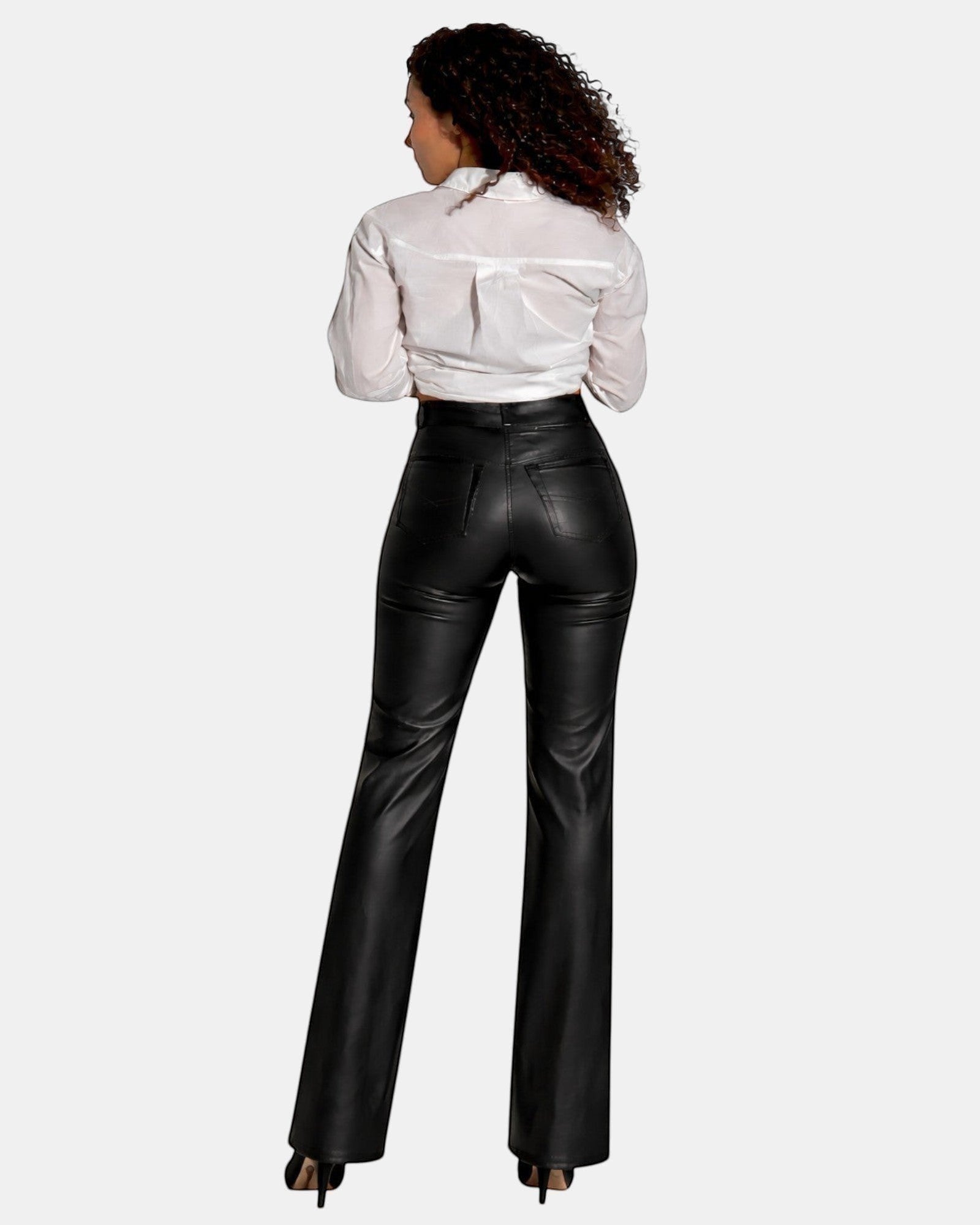 Hilda Leather women's black genuine leather pants with a straight-leg cut and jean-style detailing.