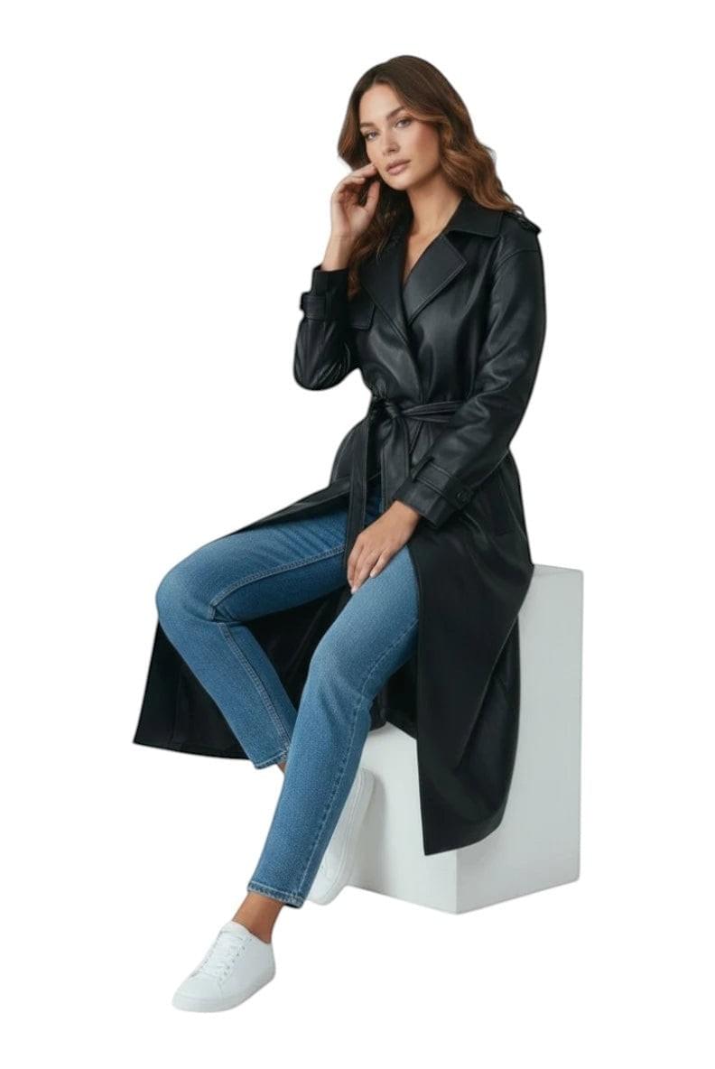 Hilda Leather Roxanne trench coat — lifestyle shot, women's black leather trench coat