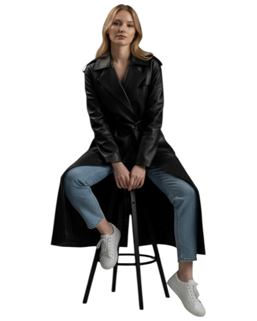 Hilda Leather Roxanne trench coat — model wearing oversized black leather coat