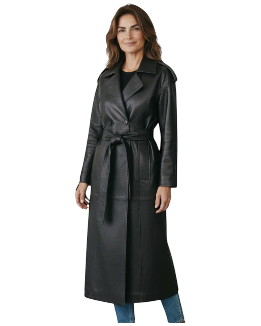 Hilda Leather Roxanne trench coat — full length front view, black leather coat