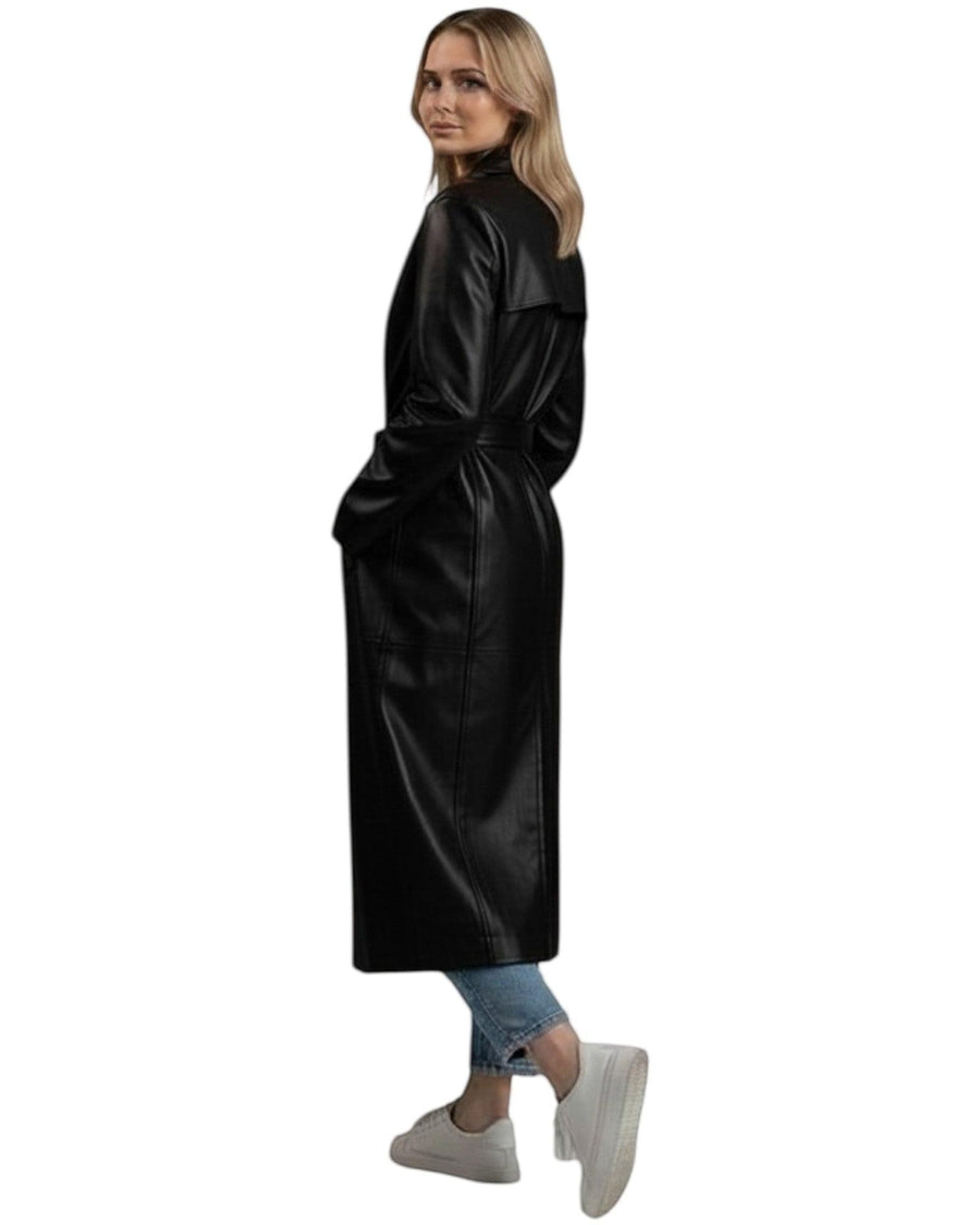 Hilda Leather Roxanne trench coat — three-quarter view on model