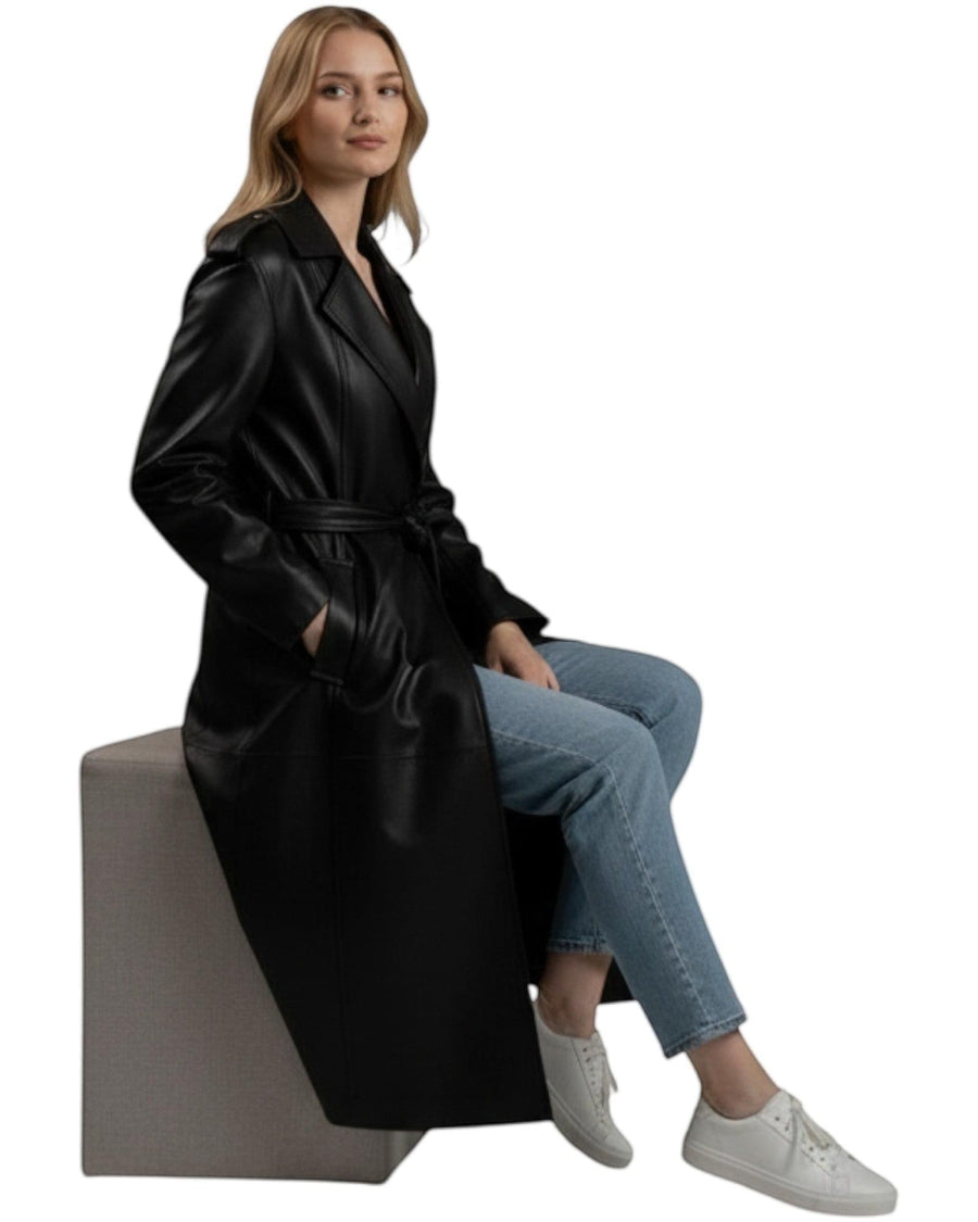Hilda Leather Roxanne trench coat — lifestyle shot, women's black leather trench coat