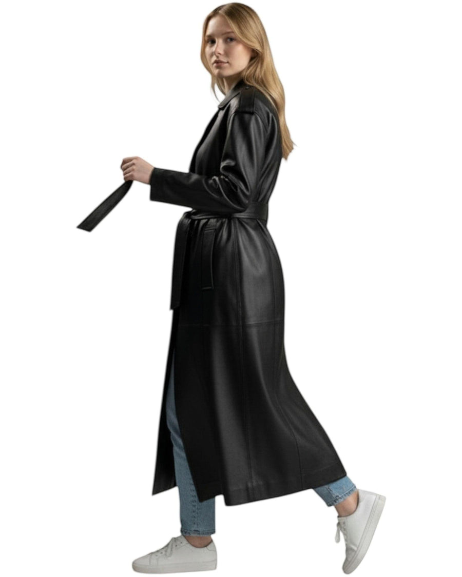 Hilda Leather Roxanne trench coat — side view showing full-length silhouette