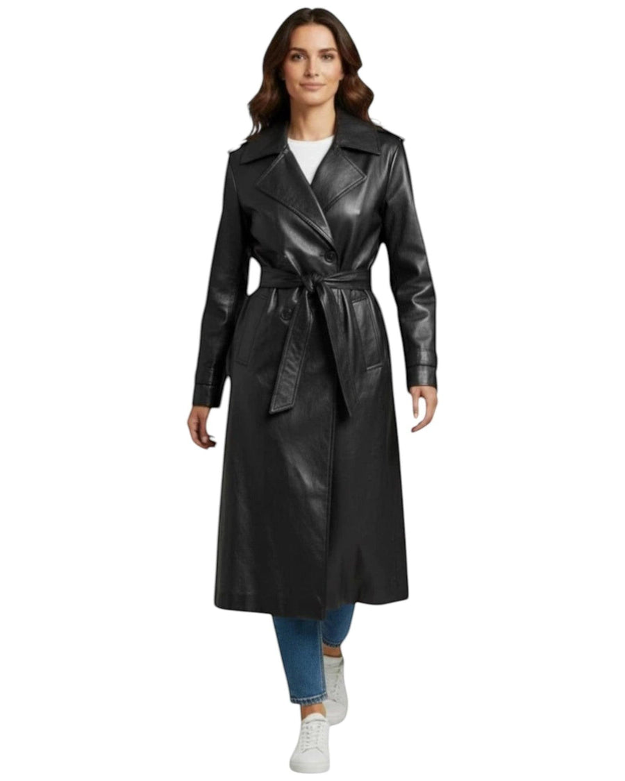 Hilda Leather Roxanne trench coat — model wearing oversized black leather coat on white backround
