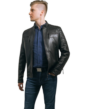 Black Genuine Leather Plus Size Men's Jacket With Quilted Details On Sholder and Sleewes Brad.
