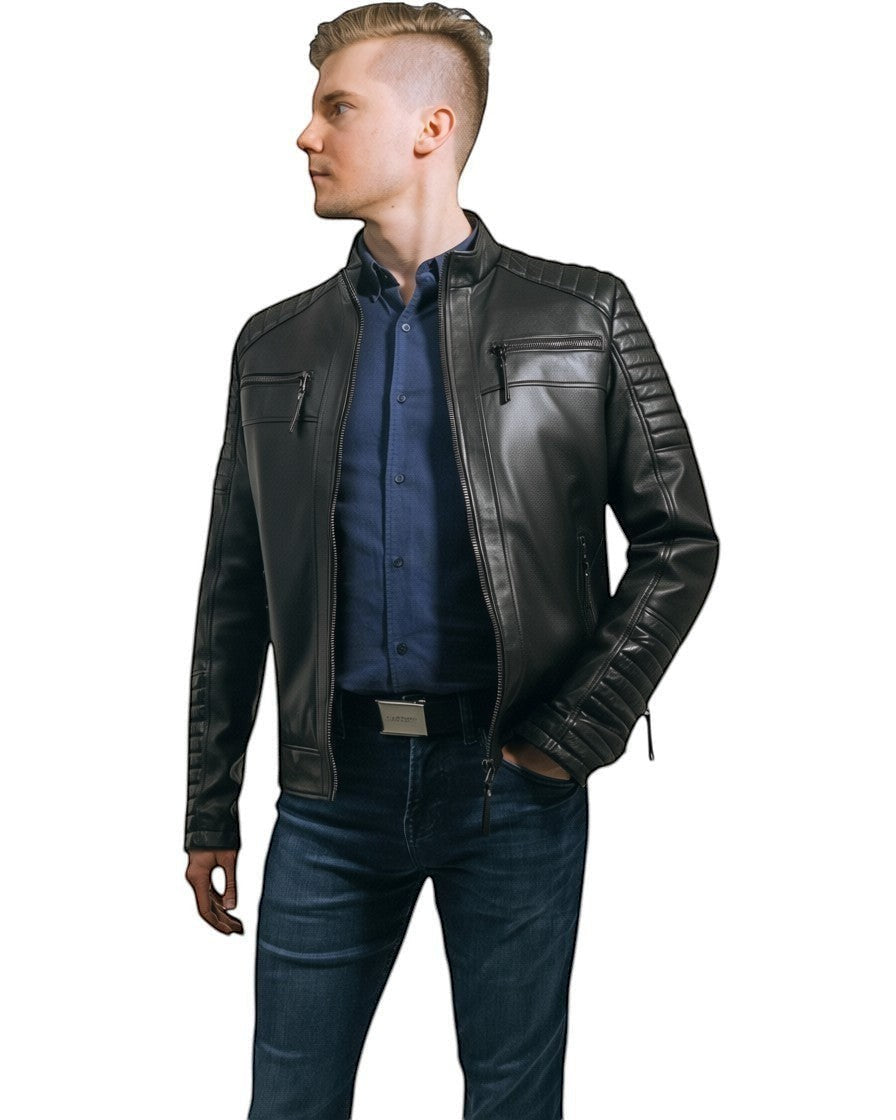 Black Genuine Leather Plus Size Men's Jacket With Quilted Details On Sholder and Sleewes Brad.