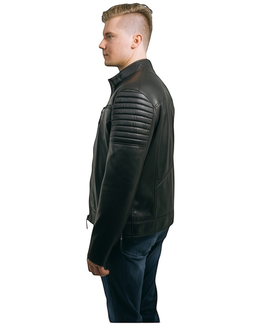 Black Genuine Leather Plus Size Men's Jacket With Quilted Details On Sholder and Sleewes Brad.
