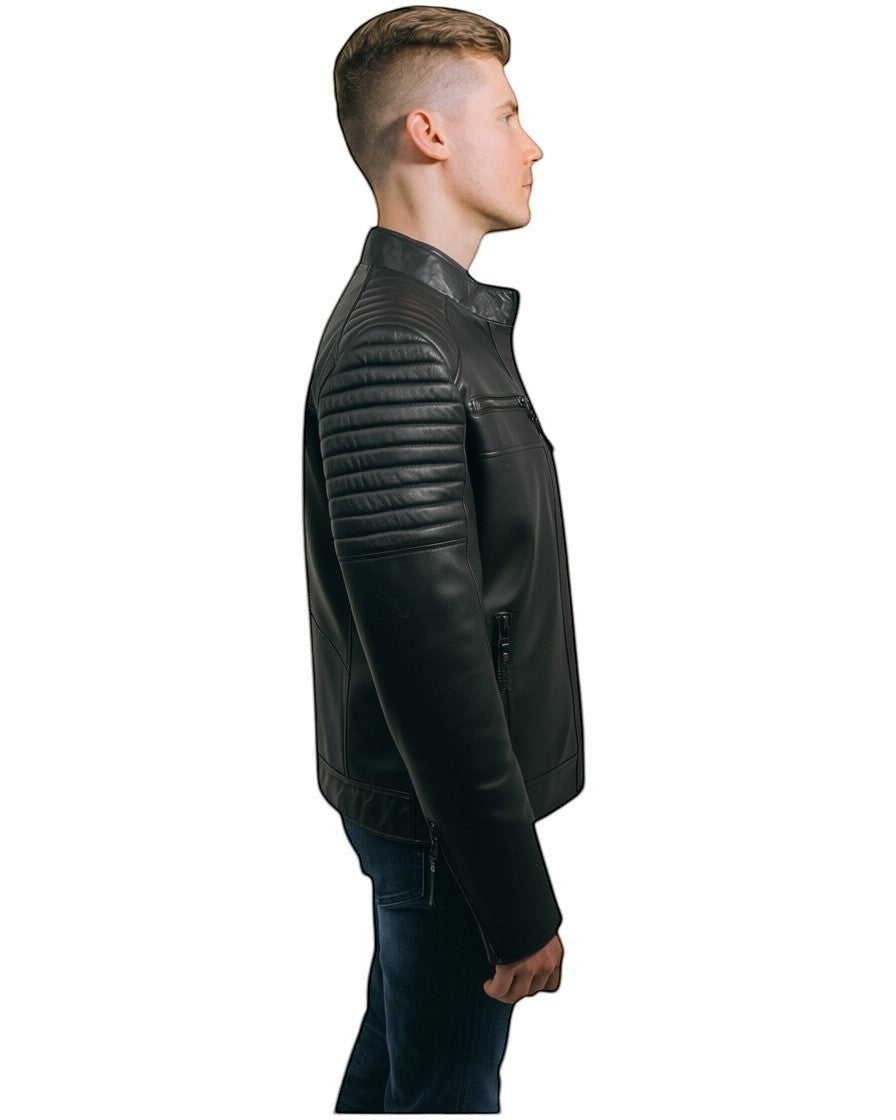 Black Genuine Leather Plus Size Men's Jacket With Quilted Details On Sholder and Sleewes Brad.