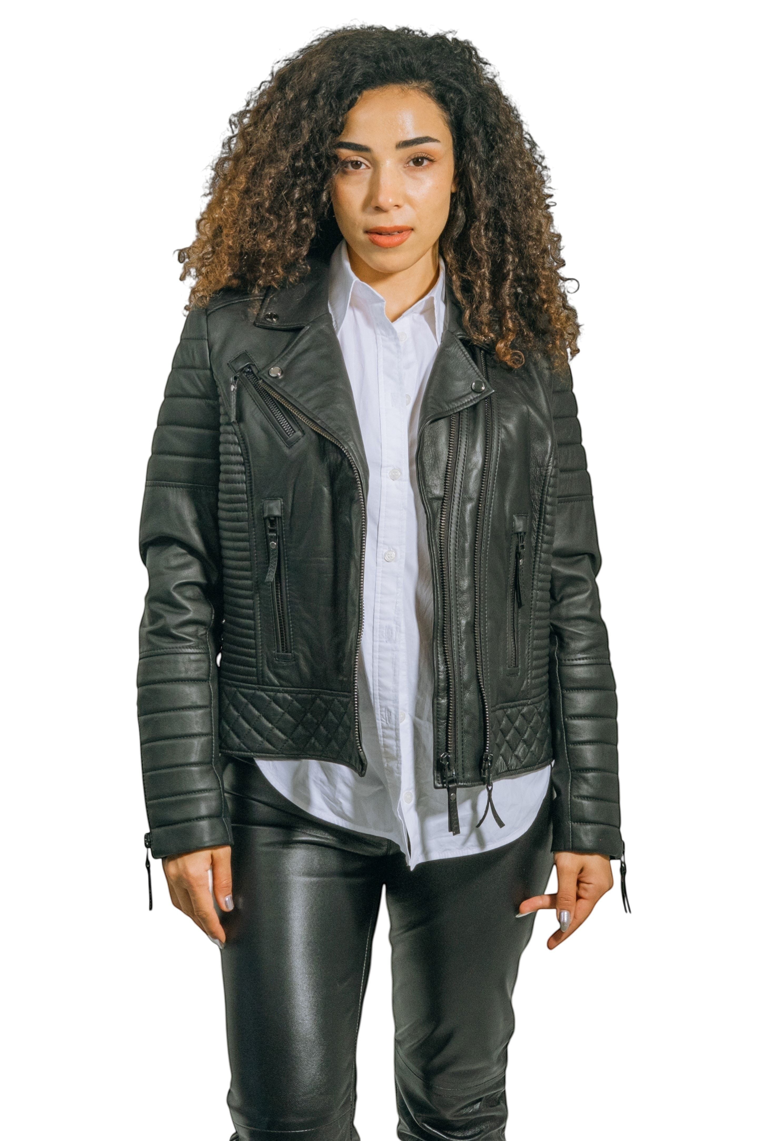 Hilda Leather Women's black quilted leather biker jacket with asymmetrical zip and diamond-stitched hem.