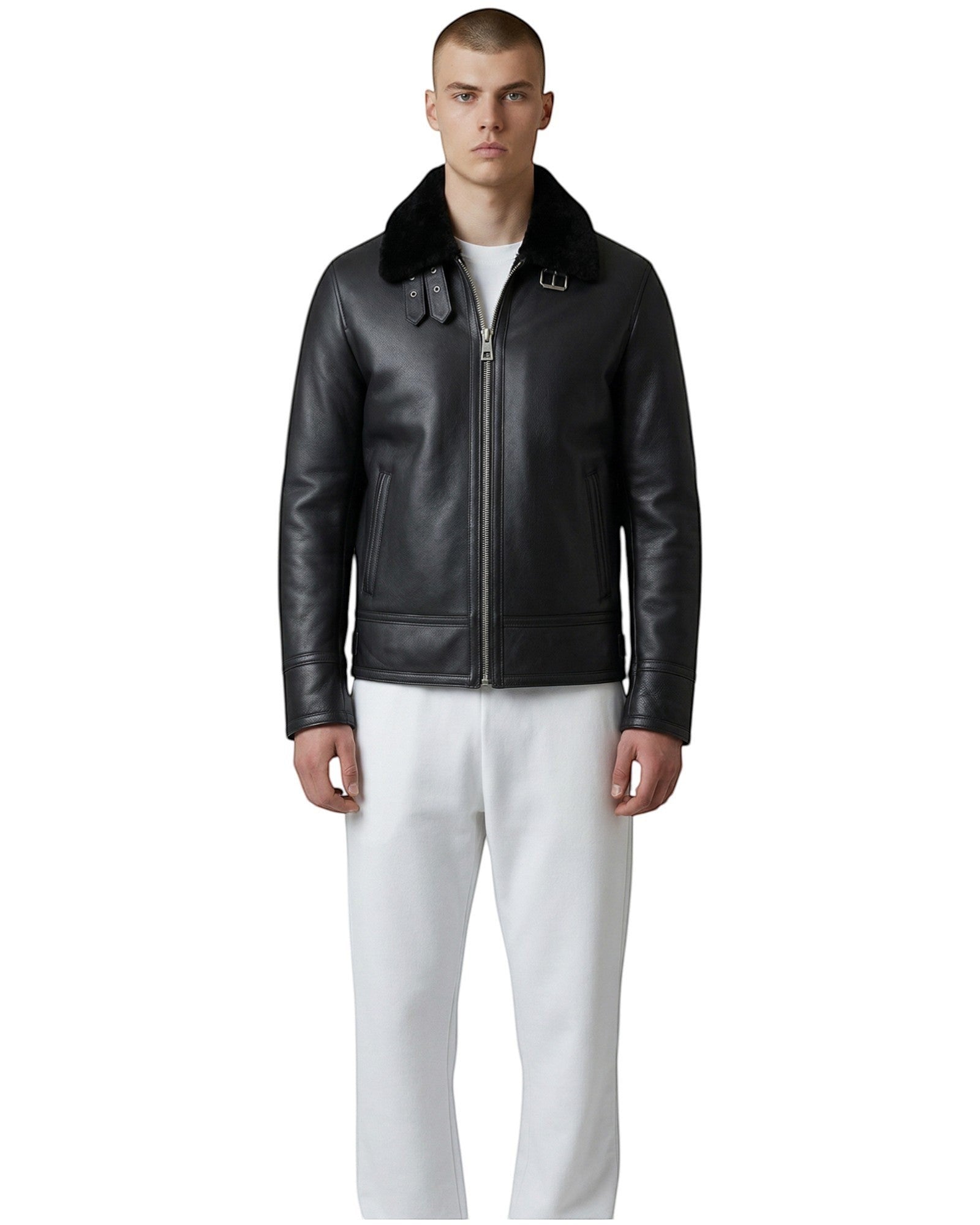 Hilda Leather black leather bomber jacket with shearling collar, zipper closure, and buckle details. Classic style for men.