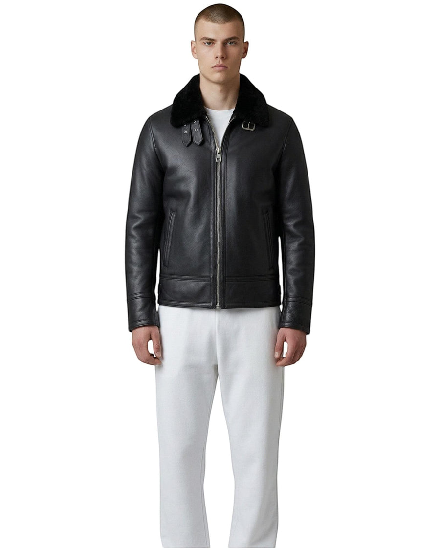 Hilda Leather black leather bomber jacket with shearling collar, zipper closure, and buckle details. Classic style for men.