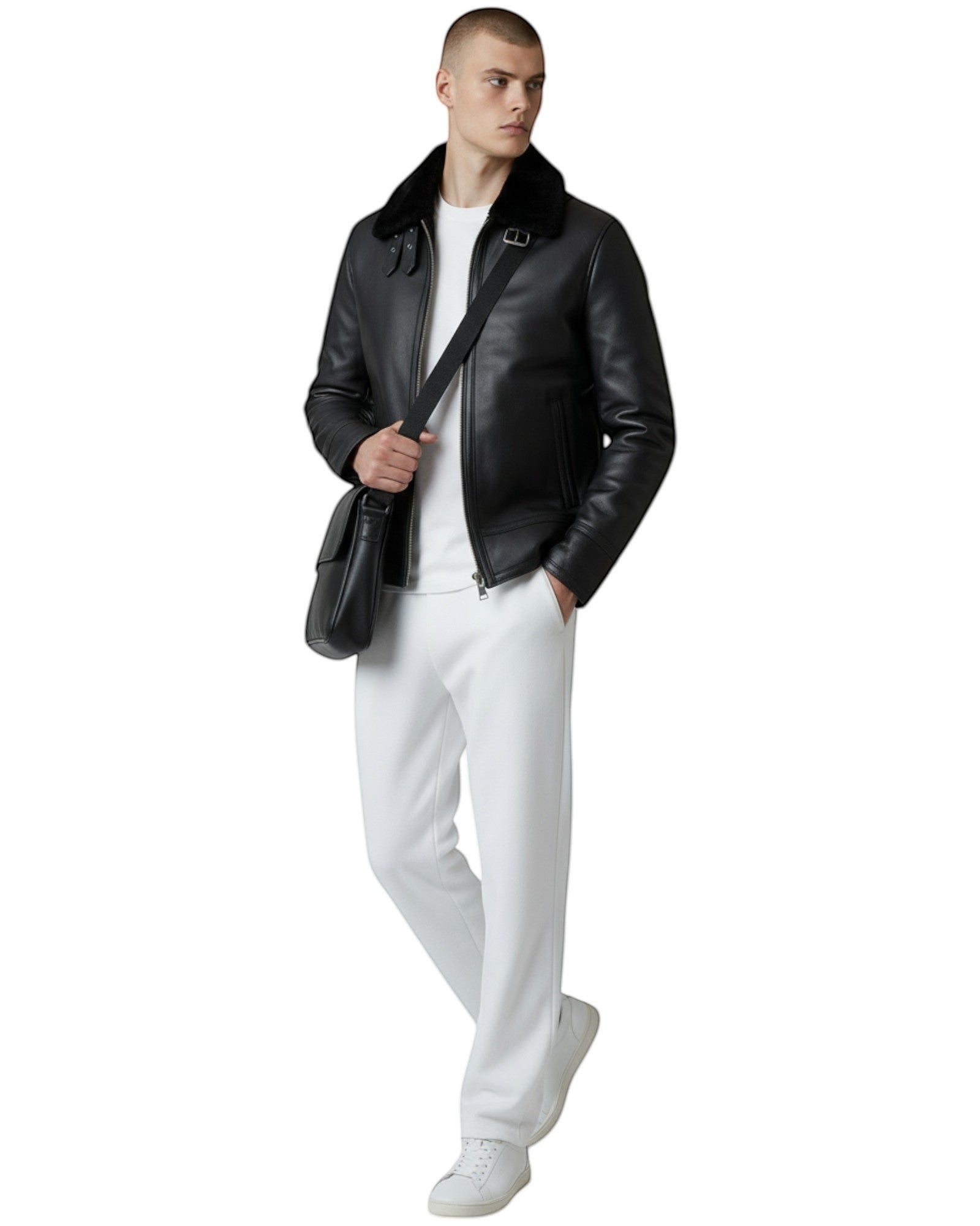 Hilda Leather black leather bomber jacket with shearling collar, zipper closure, and buckle details. Men's outerwear.