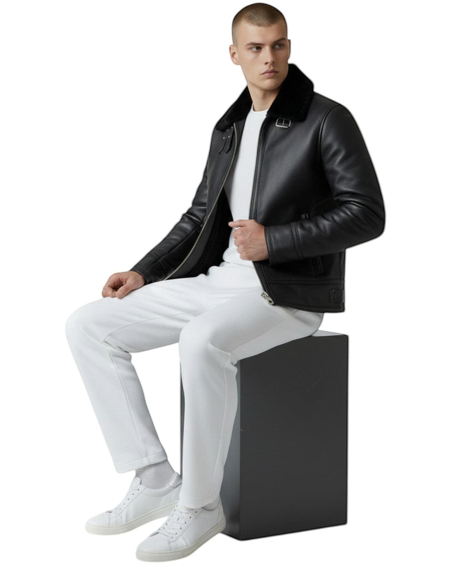 Hilda Leather black leather bomber jacket with shearling collar and zipper closure. Classic style for men.