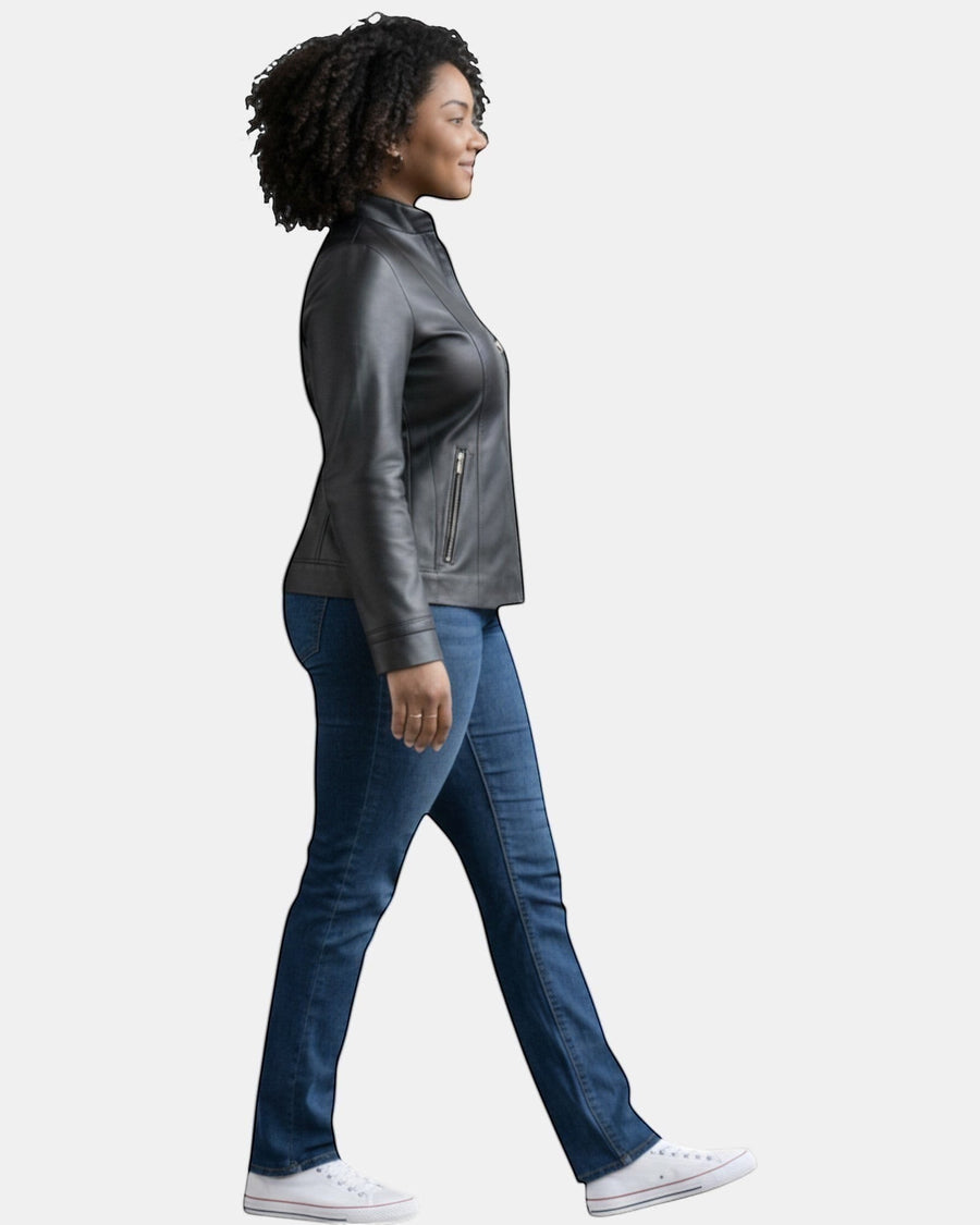 Hilda Leather women's black genuine leather jacket with stand collar and zip pockets.