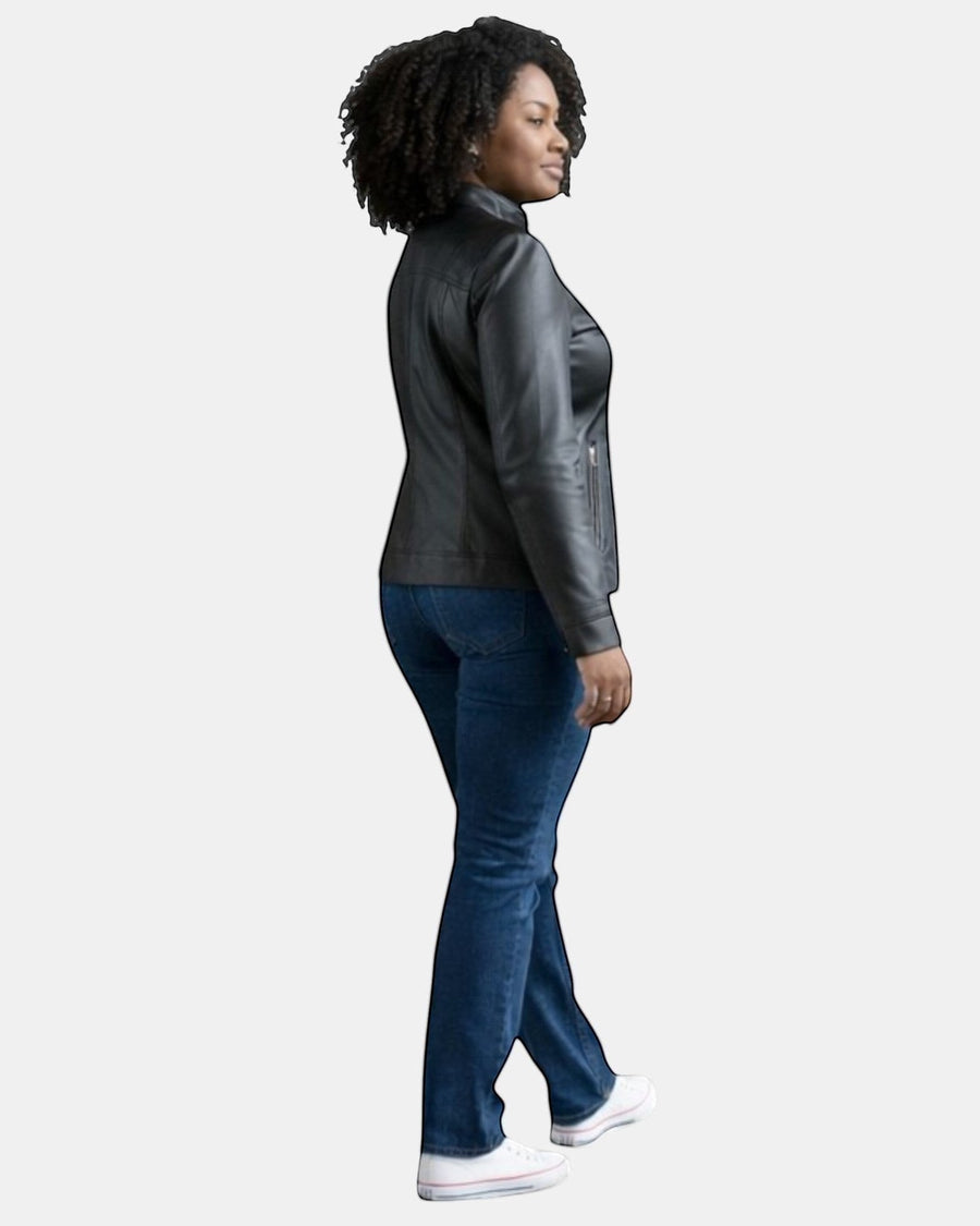 Hilda Leather women's black genuine leather jacket with stand collar and zip pockets.