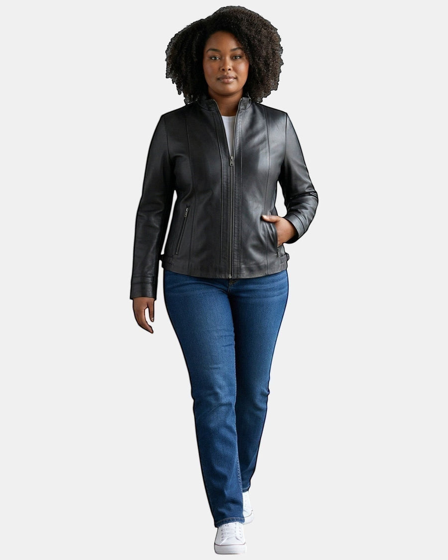 Hilda Leather black genuine leather jacket with stand collar and zip pockets worn by a woman with jeans