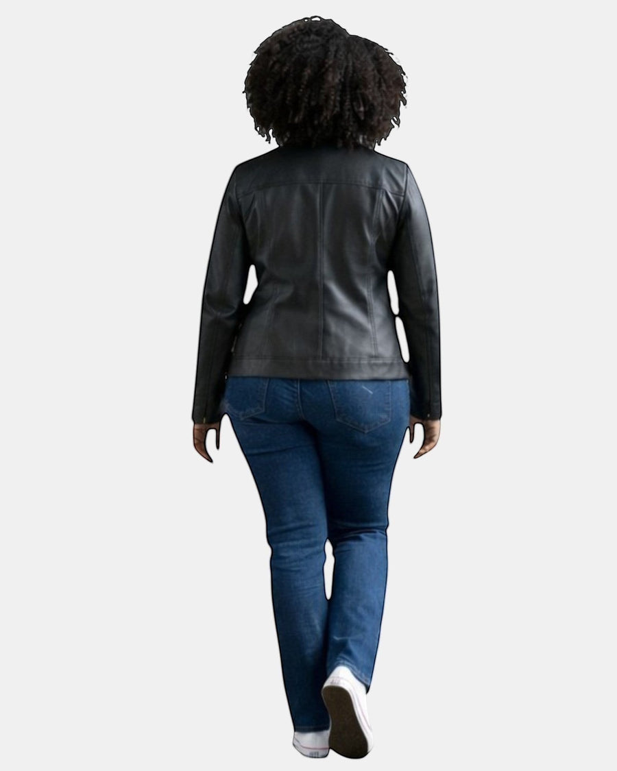 Back view of a woman wearing a Hilda Leather black genuine leather jacket with a tailored fit and stand collar Kylee.