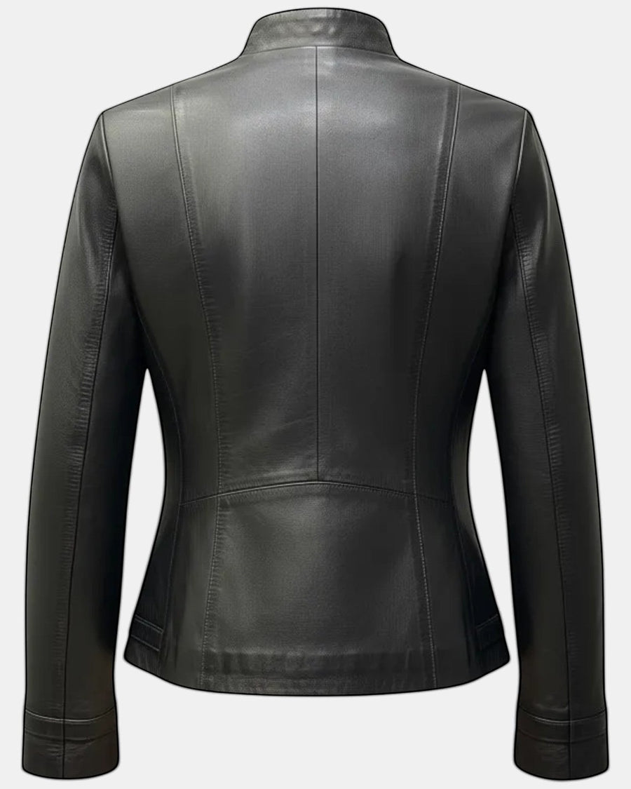 Hilda Leather women's black genuine leather jacket with stand collar and tailored fit.
