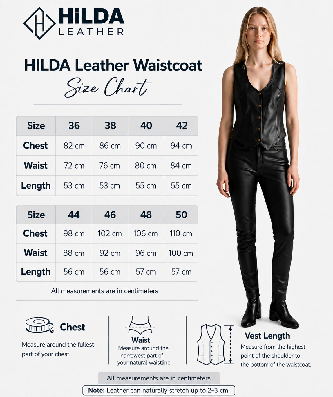 Women's waistcoat size chart with a model wearing the waistcoat. Hilda Leather -Antalya - Turkey