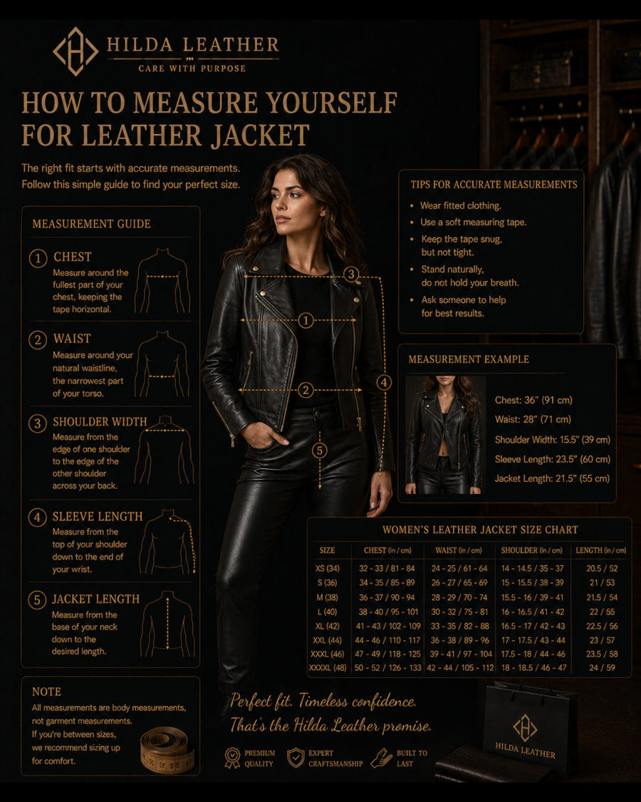 Hilda Leather measurement guide for women's leather jacket with a model wearing a black leather jacket.