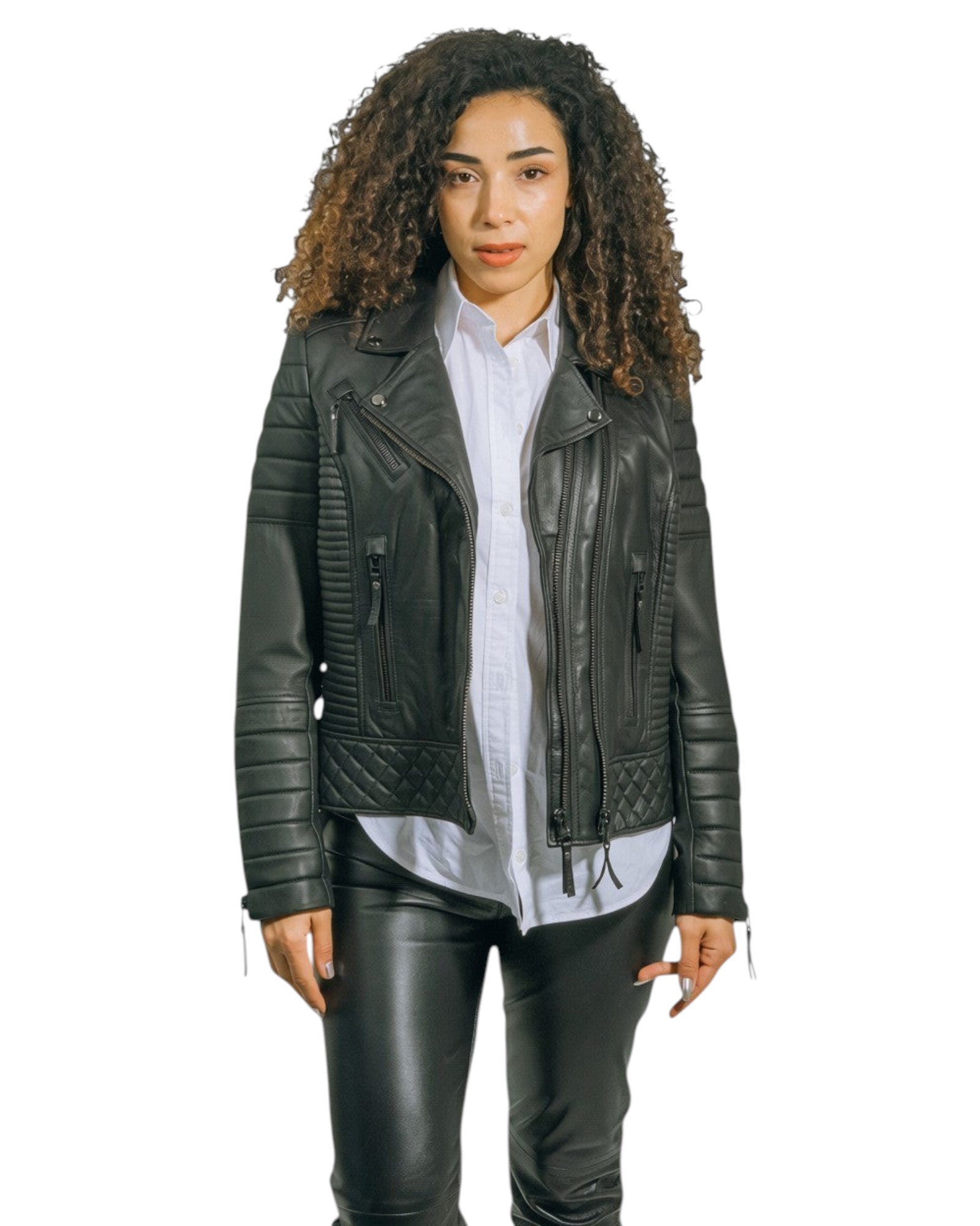 Women's Quilted Black Genuine Leather Biker Jacket Venice.