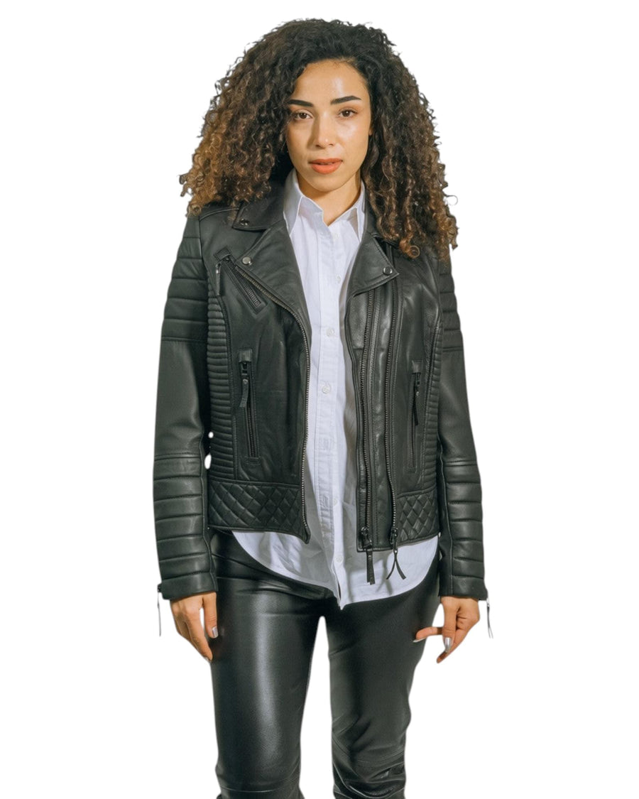 Hilda Leather Venice Jacket – Front View Open Zip, Black Genuine Leather Quilted Biker Jacket