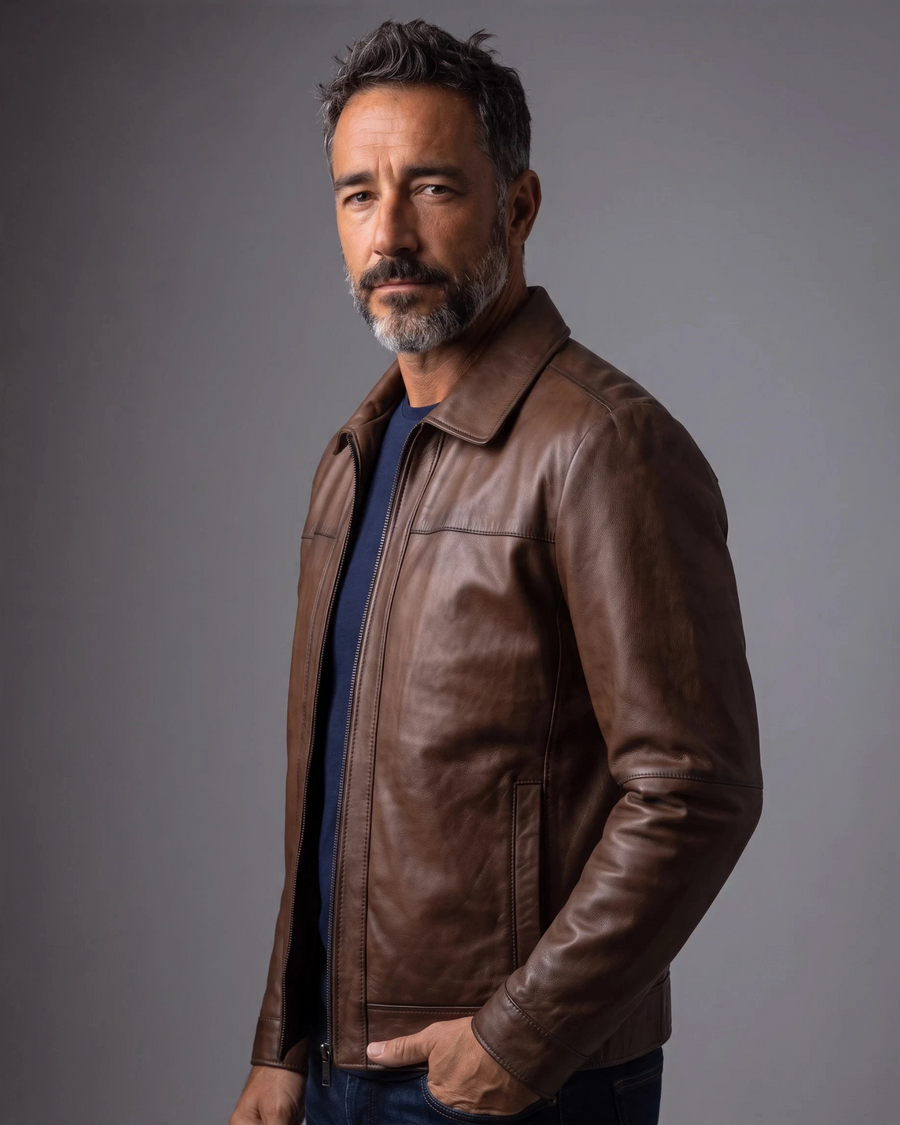 Hilda Leather Leon men's shadow brown lambskin leather jacket with a regular fit and clean, understated design.