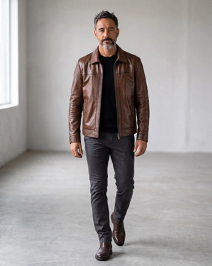 Hilda Leather Leon shadow brown lambskin leather jacket with a classic regular fit and clean design.