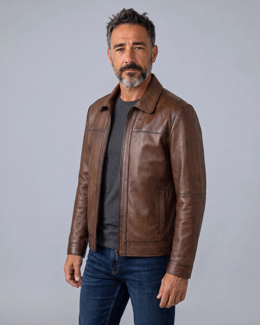 Hilda Leather Leon men's shadow brown lambskin leather jacket with a classic regular fit and clean design.
