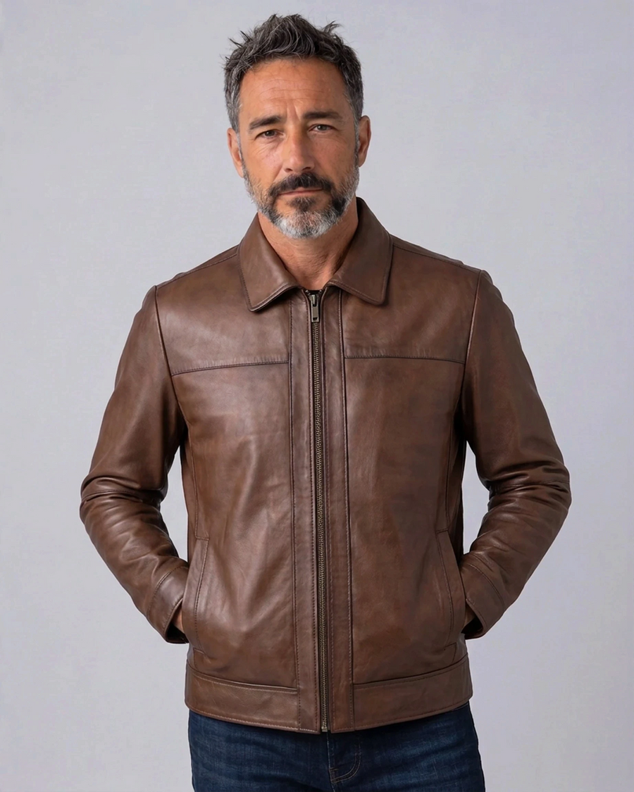 Hilda Leather Leon men's shadow brown lambskin leather jacket with a classic regular fit and zip-up front.