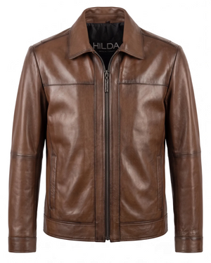 Hilda Leather Leon men's shadow brown lambskin jacket with a classic regular fit and zip-up front.