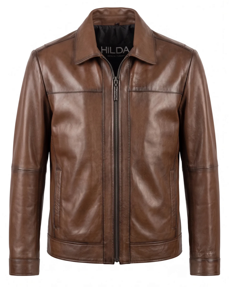 Hilda Leather Leon men's shadow brown lambskin jacket with a classic regular fit and zip-up front.
