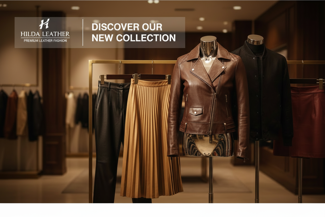 Hilda Leather clothing display with jackets, pants, and skirts in a store setting.