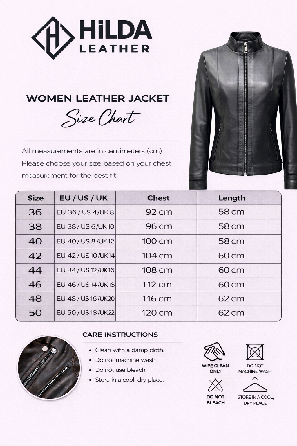 Hilda Leather women's leather jacket size chart on a white background