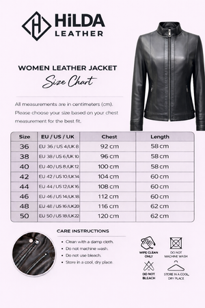 Hilda Leather women's leather jacket size chart on a white background